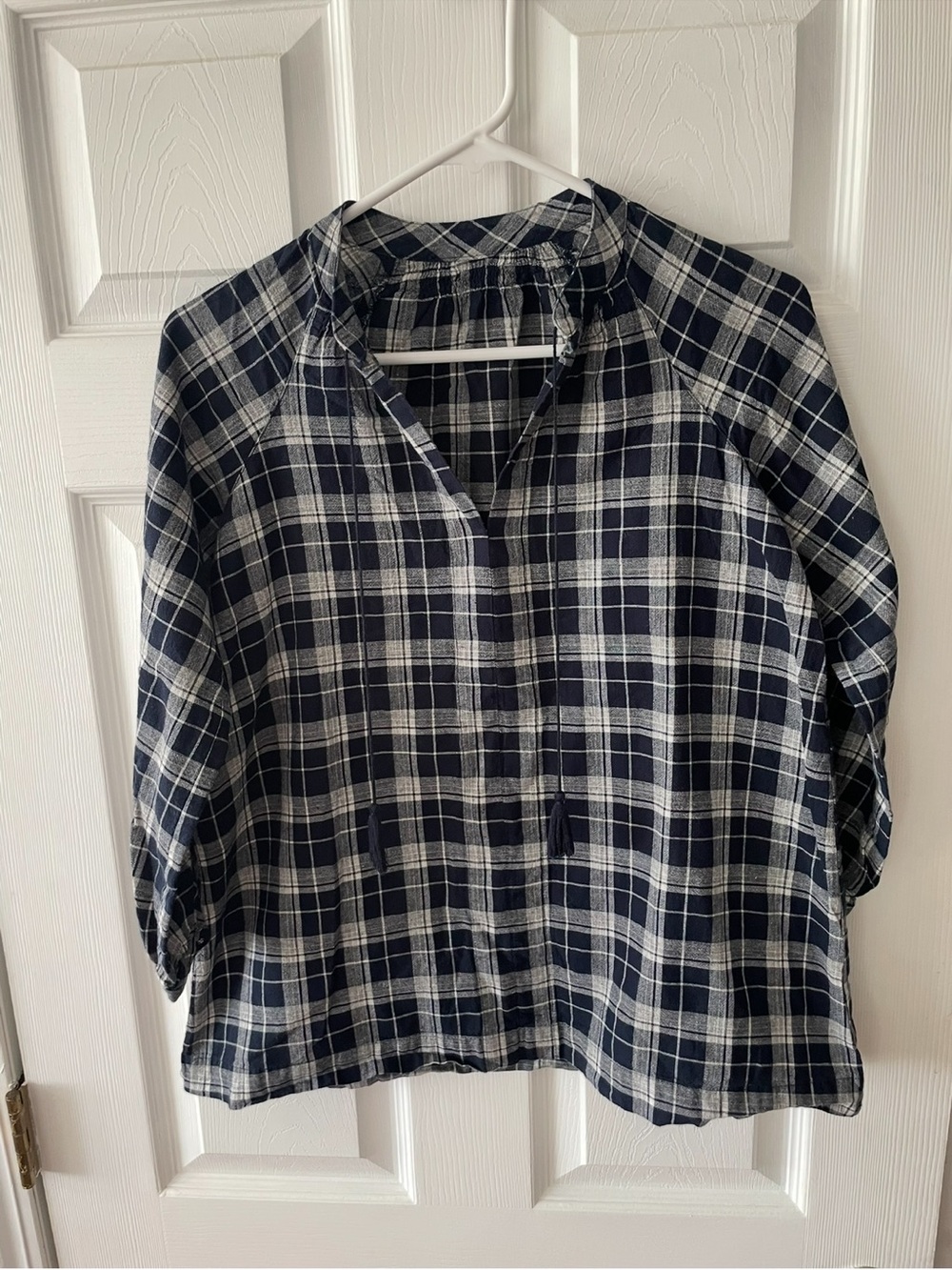 Madewell Women’s Navy and White Plaid Navy/White Tassel Blouse